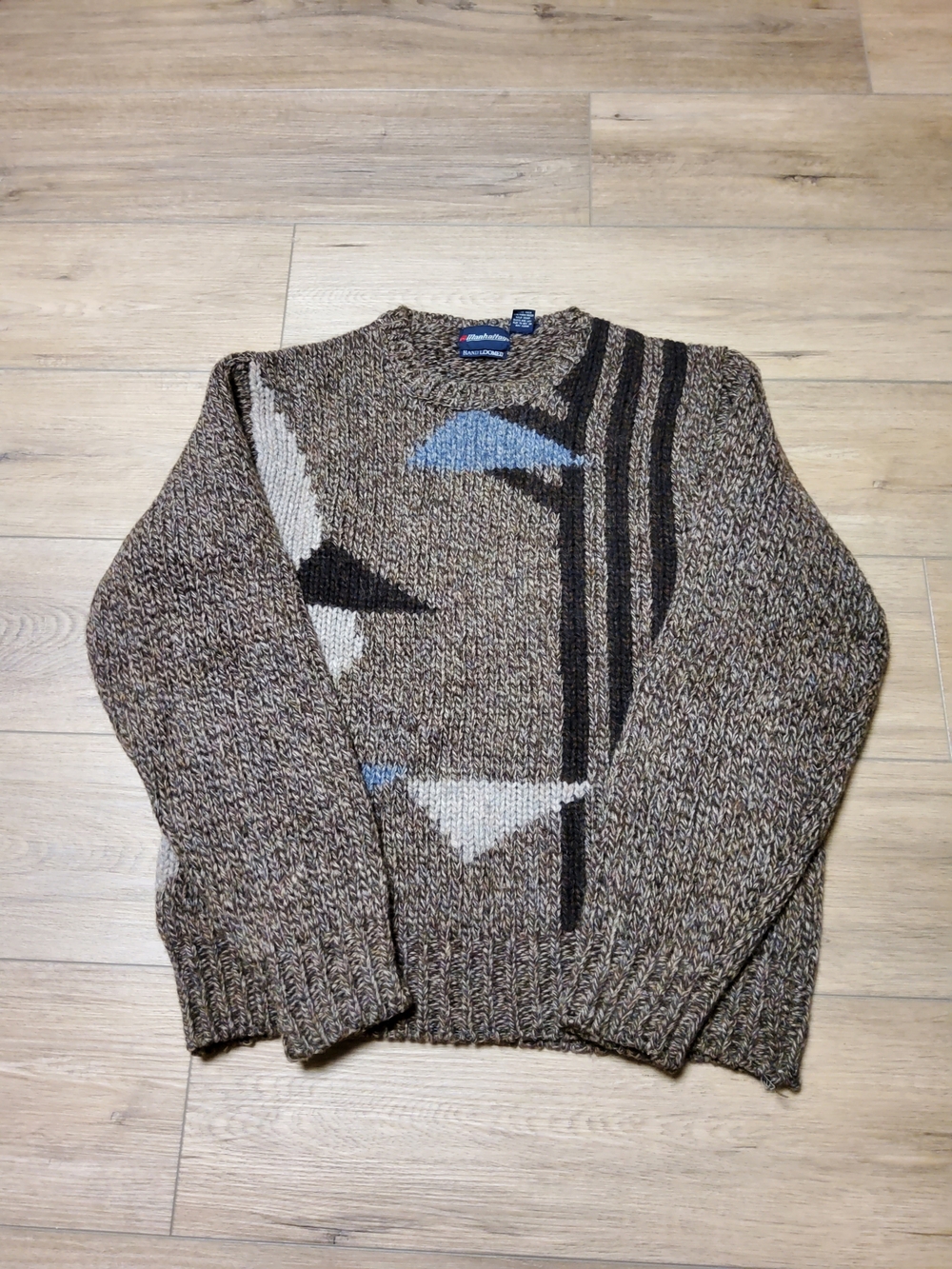 Vintage 100% Shetland Wool Manhattan Geometric Hand Loomed Crewneck Sweater